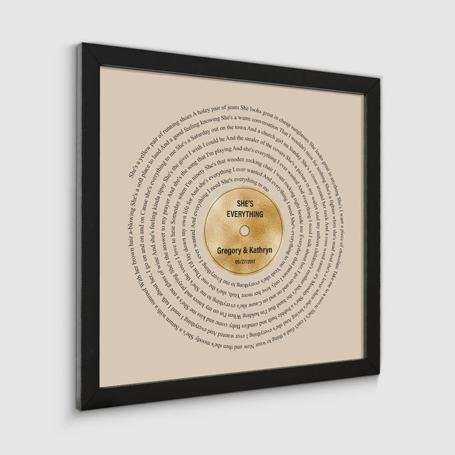 Golden Vinyl Record Lyrics Framed Art Print, Personalized Music Art