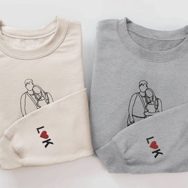 Personalized Embroidered Sweatshirt for Couples, Custom Couple Portrait Line Art