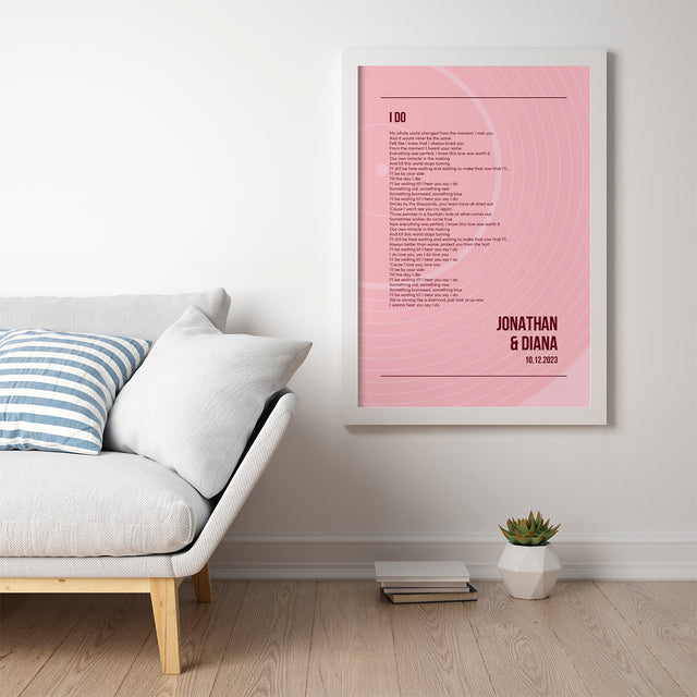 Song Lyrics Wall Art, Minimalist Tickled Pink Vinyl Record Framed Art Print