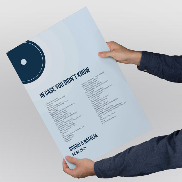 Minimalist Ice Blue Vinyl Record, Custom Song Lyrics Framed Art Print