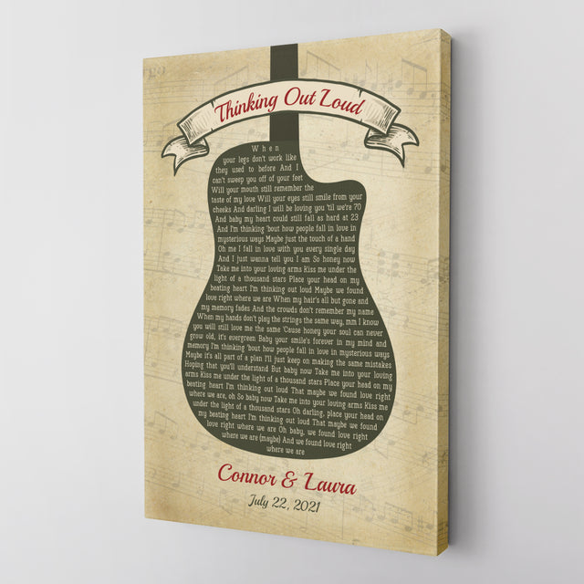 Custom Song Lyrics, Customizable Name And Date, Guitar Shape, Canvas Wall Art