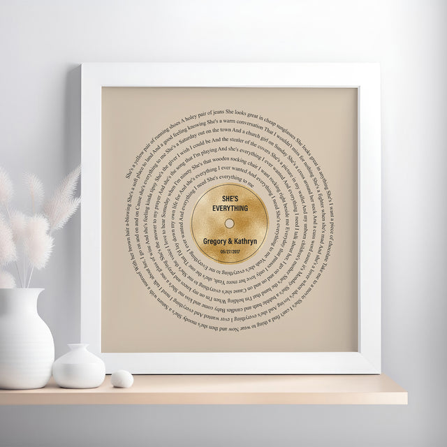 Golden Vinyl Record Lyrics Framed Art Print, Personalized Music Art