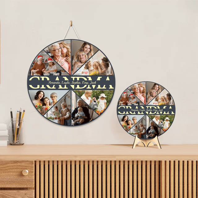 Grandma Custom Upload Photo, Customizable Name, Gift For Mother's Day, Round Wood Sign