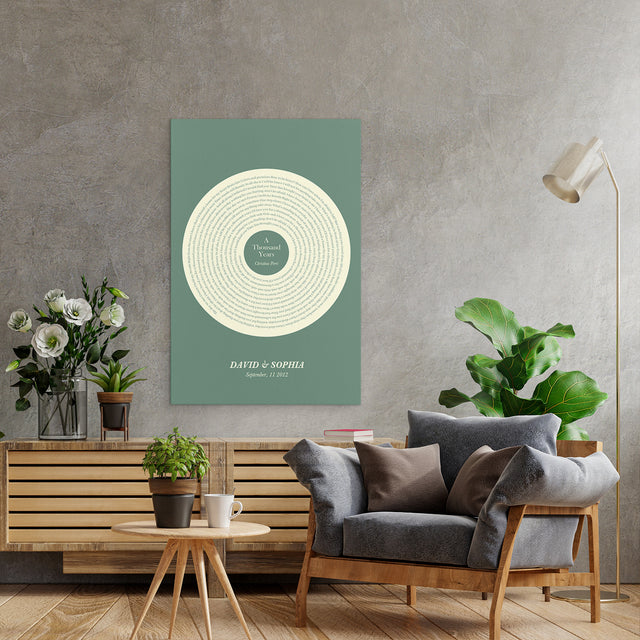 Green Vinyl Record Canvas Print, Personalized Song Lyrics Canvas Wall Art