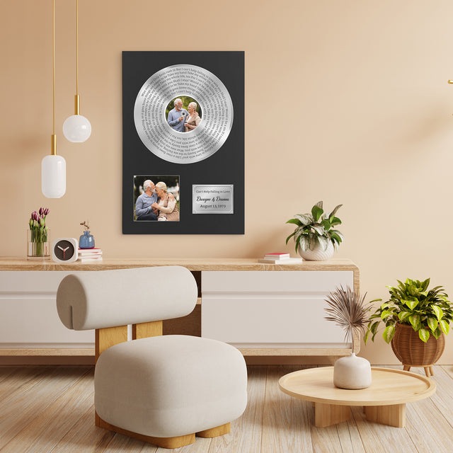 Custom Song Lyrics, Upload Photo, 2 Pictures, Customizable Text Vinyl Record Canvas, Gold Style