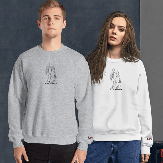 Personalized Embroidered Sweatshirt for Couples, Custom Couple Portrait Line Art