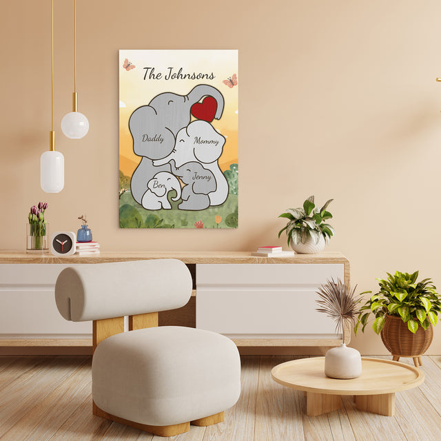 Elephant Family Watercolor Canvas, Custom Family Name