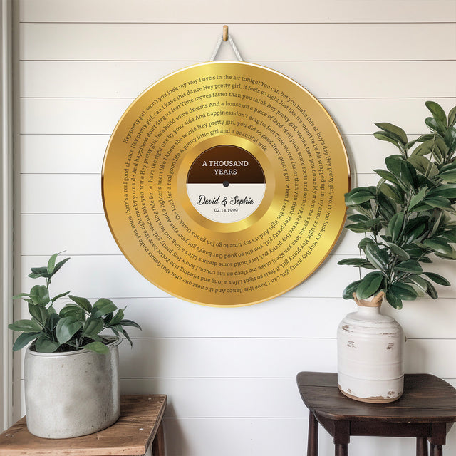 Custom Round Sign, Customizable Song Lyrics And Text, Vinyl Record, Gold Style