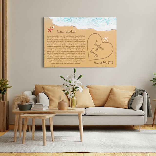 Custom Song Lyrics in The Sand Ocean Canvas Wall Art, Custom Name and Date