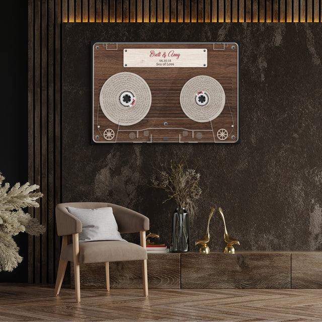 Cassette Tape Custom Song Lyrics, Customizable Text Wood Background Canvas