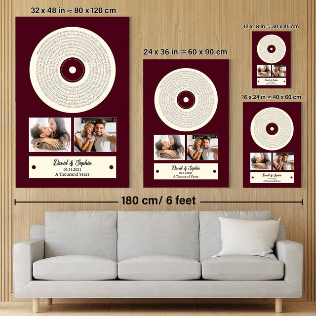 Red Vinyl Record Canvas Print, Customize Song Lyrics & Name Wall Art