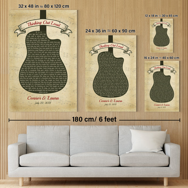 Custom Song Lyrics, Customizable Name And Date, Guitar Shape, Canvas Wall Art