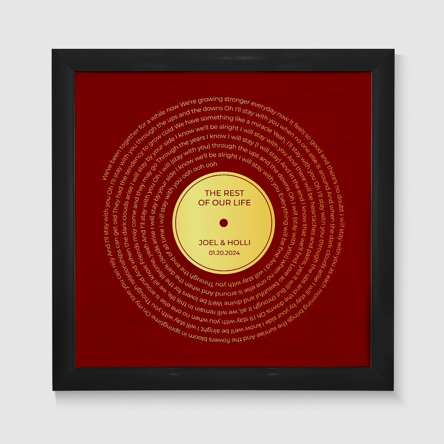 Personalized Gold Song Lyrics Framed Art Print, Retro Maroon Vinyl Record Wall Art