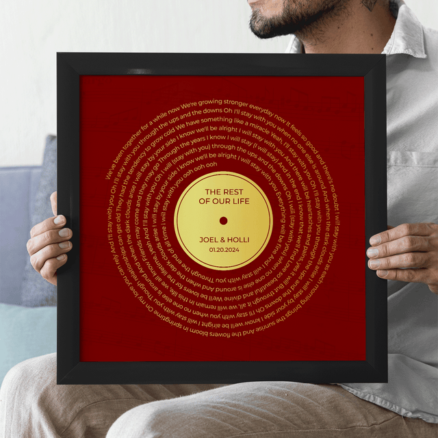 Personalized Gold Song Lyrics Framed Art Print, Retro Maroon Vinyl Record Wall Art
