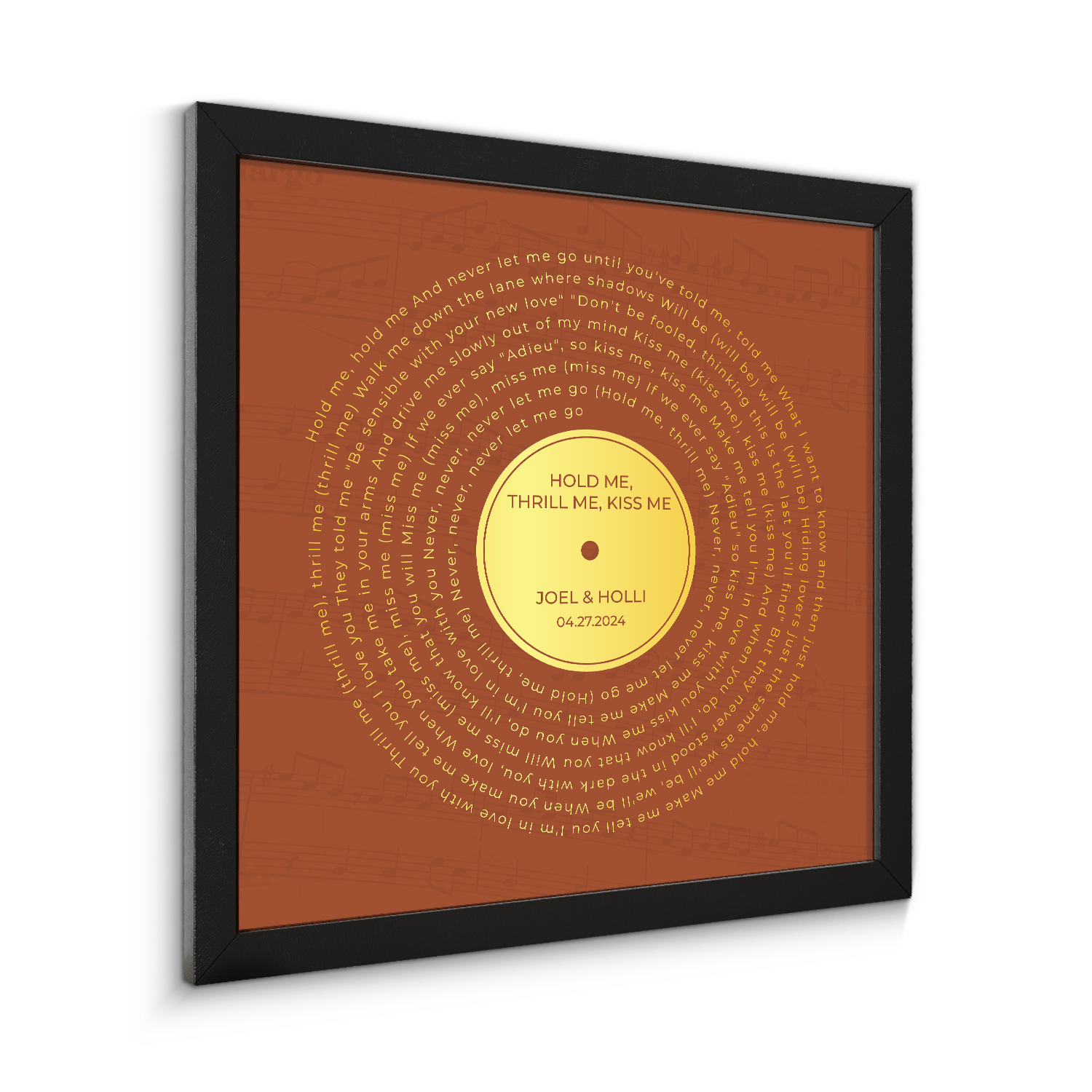 Personalized Gold Song Lyrics Framed Art Print, Orange Vinyl Record