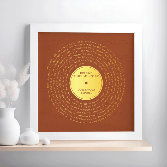 Personalized Gold Song Lyrics Framed Art Print, Orange Vinyl Record