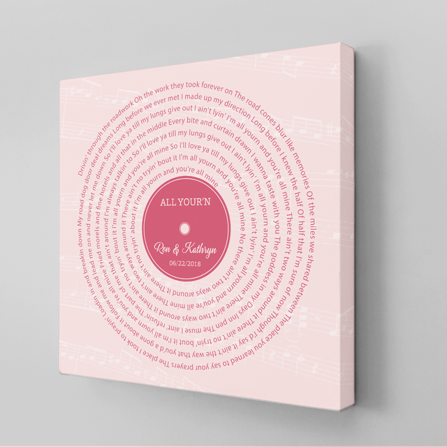 Pink Vinyl Record Canvas Print, Personalized Song Lyrics Canvas Wall Art