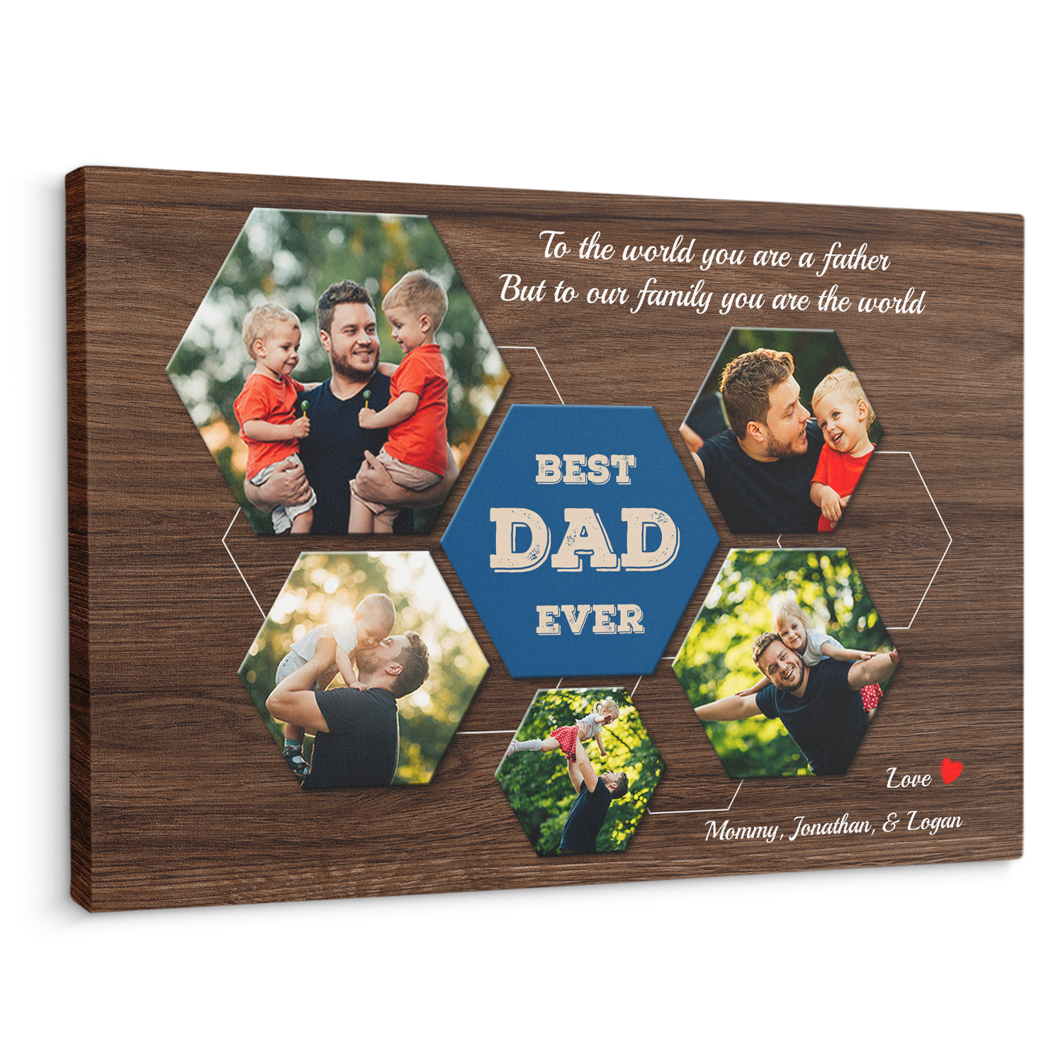 Best Dad Ever Custom Photo Collage - Customizable Dark Wood Style Background Canvas