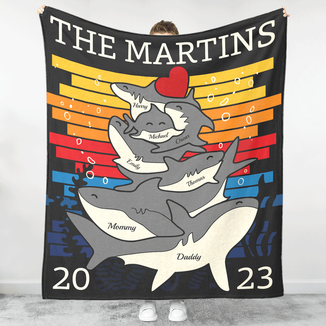 Personalized Shark Family Unity Puzzle Blanket, Custom Family Name and Members