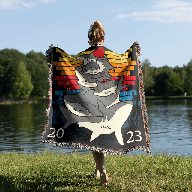Personalized Shark Family Unity Puzzle Blanket, Custom Family Name and Members