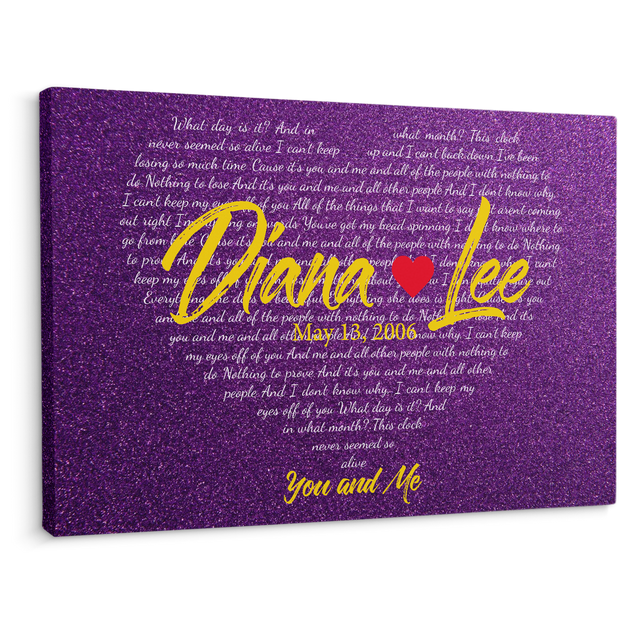 Purple Heart-Shaped Canvas Print, Customize Song Lyrics & Name Wall Art