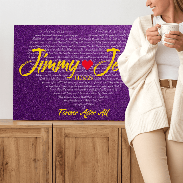 Purple Heart-Shaped Canvas Print, Customize Song Lyrics & Name Wall Art