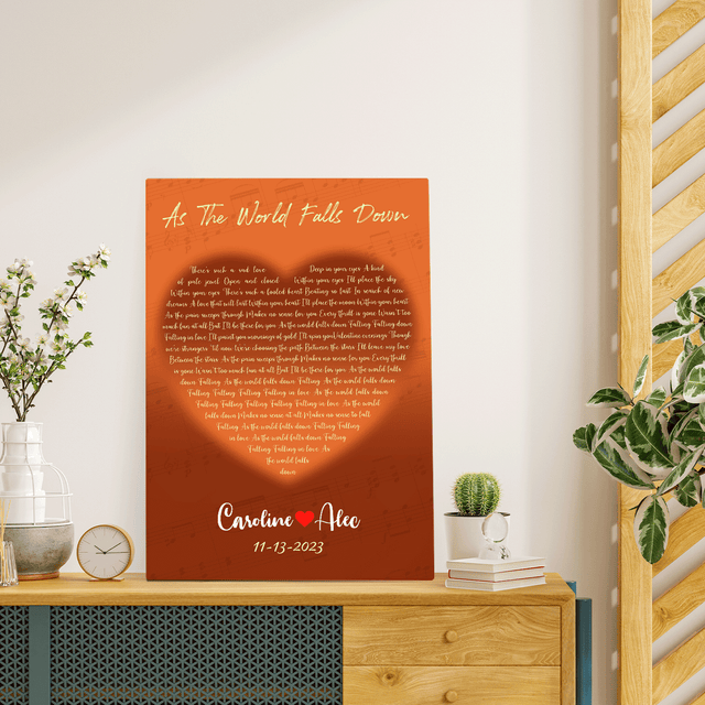 Orange Heart-Shaped Canvas Print, Customize Song Lyrics & Name Wall Art