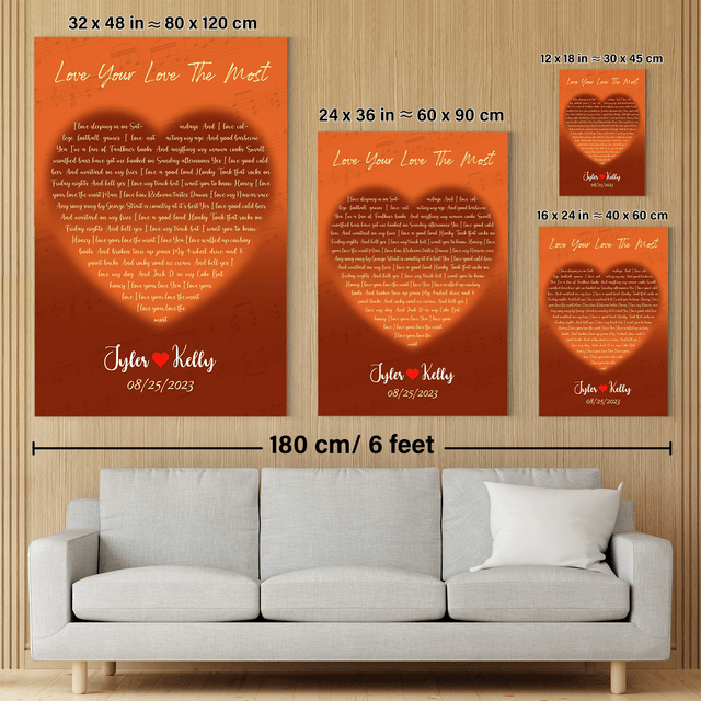 Orange Heart-Shaped Canvas Print, Customize Song Lyrics & Name Wall Art