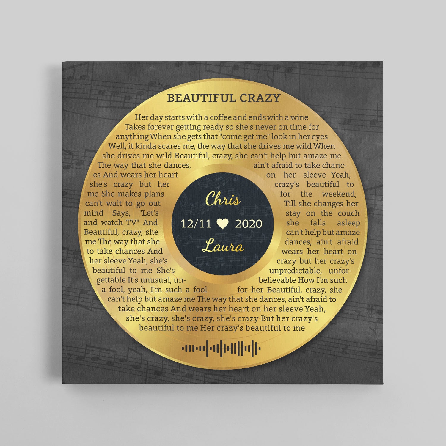 Custom Song Lyrics And Text, Vinyl Record Art, Gold Style, Canvas Wall Art