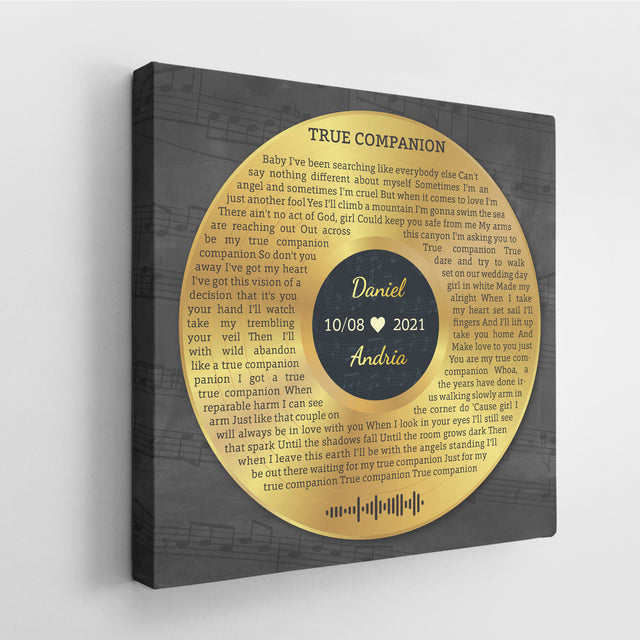 Custom Song Lyrics And Text, Vinyl Record Art, Gold Style, Canvas Wall Art