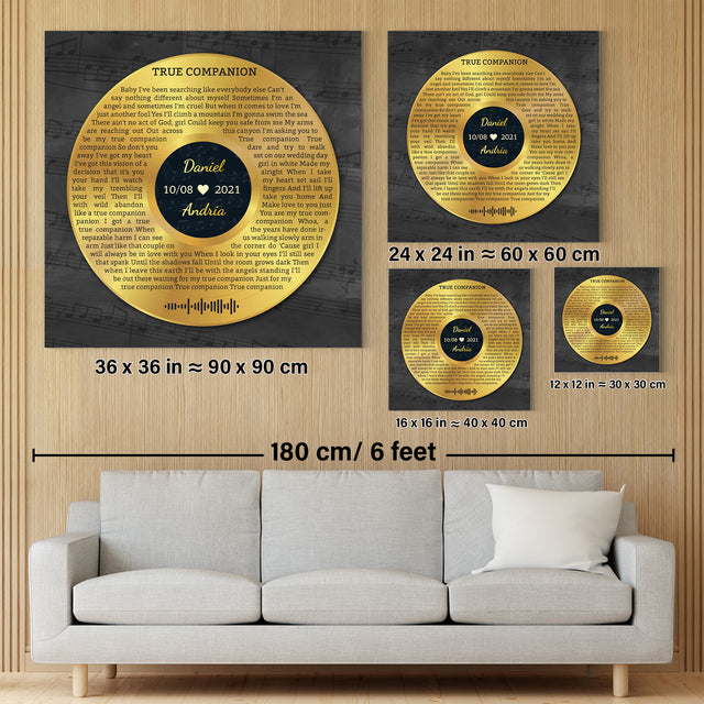 Custom Song Lyrics And Text, Vinyl Record Art, Gold Style, Canvas Wall Art