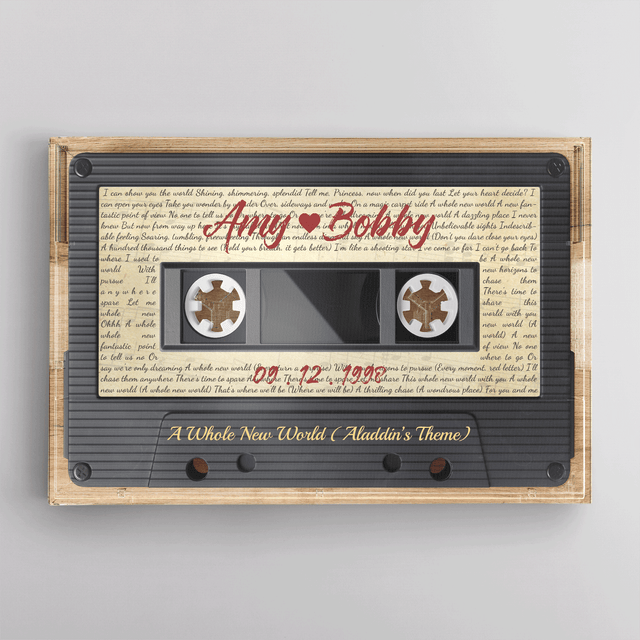 Custom Song Lyrics, Customizable Name, Date, Song Name Cassette Tape, Wood Style, Canvas Wall Art