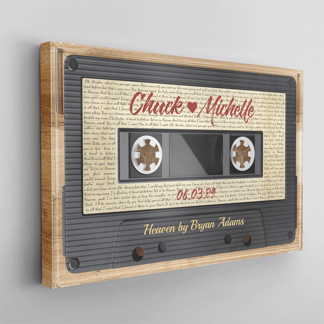 Custom Song Lyrics, Customizable Name, Date, Song Name Cassette Tape, Wood Style, Canvas Wall Art