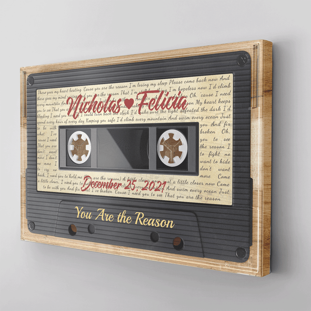 Custom Song Lyrics, Customizable Name, Date, Song Name Cassette Tape, Wood Style, Canvas Wall Art