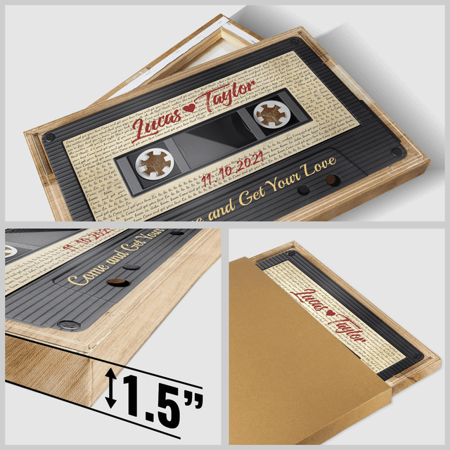 Custom Song Lyrics, Customizable Name, Date, Song Name Cassette Tape, Wood Style, Canvas Wall Art