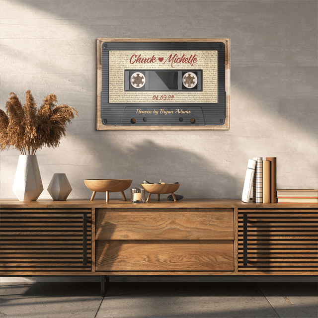 Custom Song Lyrics, Customizable Name, Date, Song Name Cassette Tape, Wood Style, Canvas Wall Art