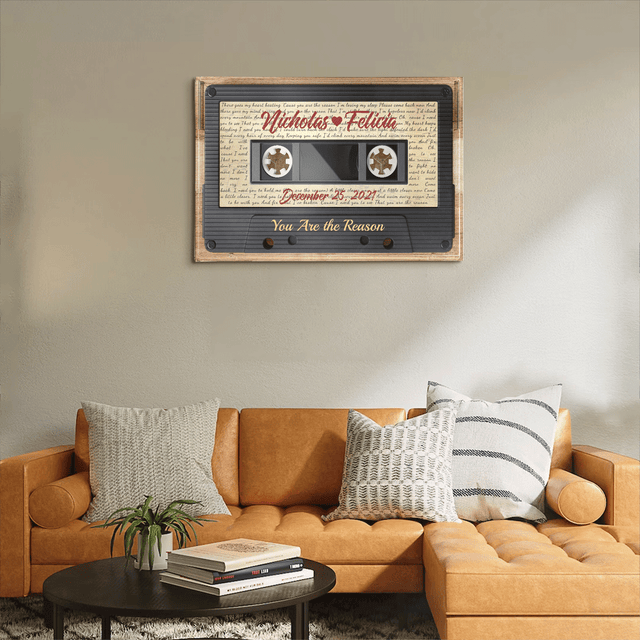 Custom Song Lyrics, Customizable Name, Date, Song Name Cassette Tape, Wood Style, Canvas Wall Art