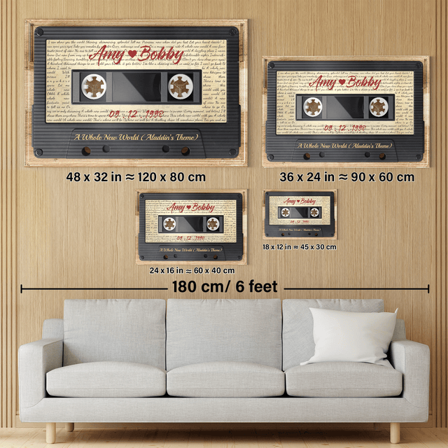 Custom Song Lyrics, Customizable Name, Date, Song Name Cassette Tape, Wood Style, Canvas Wall Art