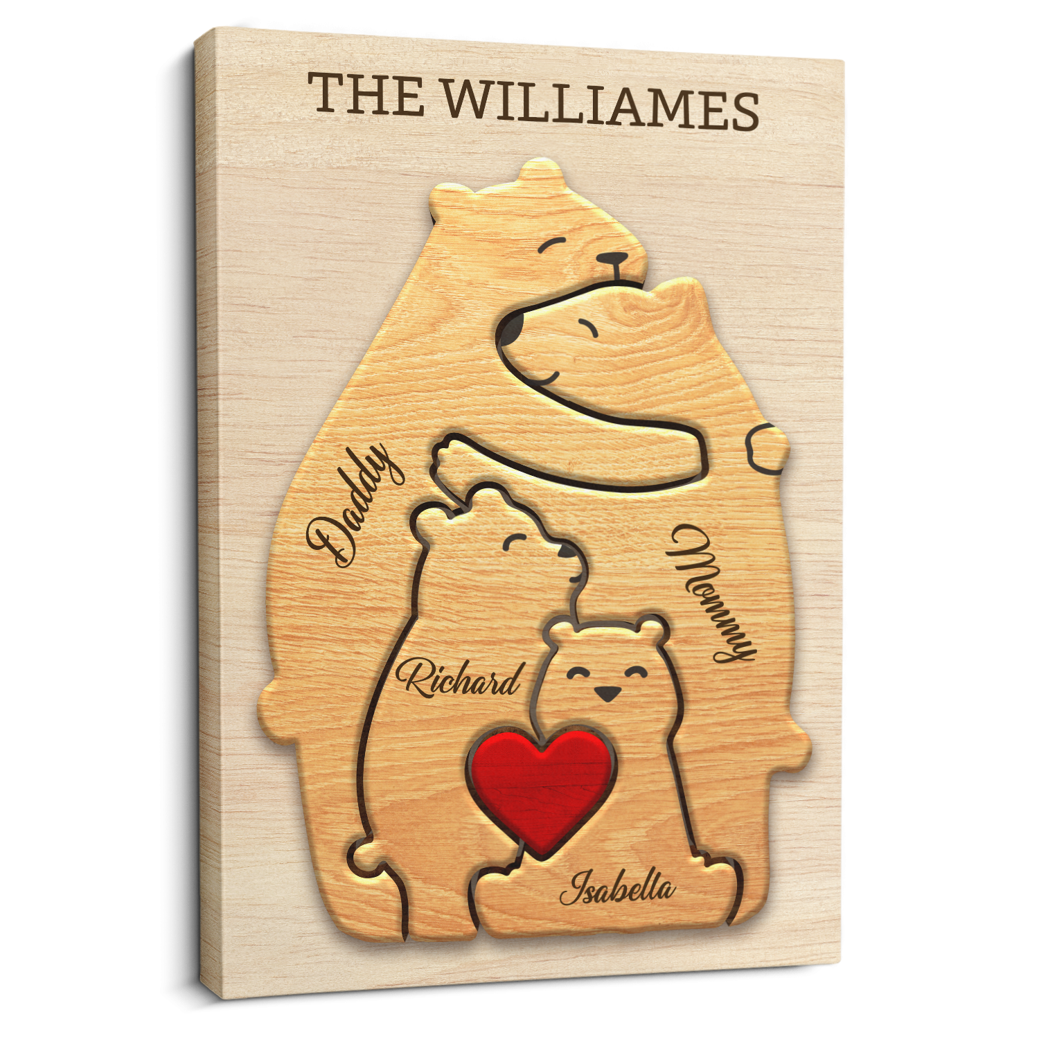 Wooden Bear Family Puzzle on Canvas, Custom Family Name