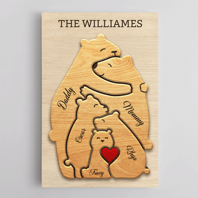 Wooden Bear Family Puzzle on Canvas, Custom Family Name