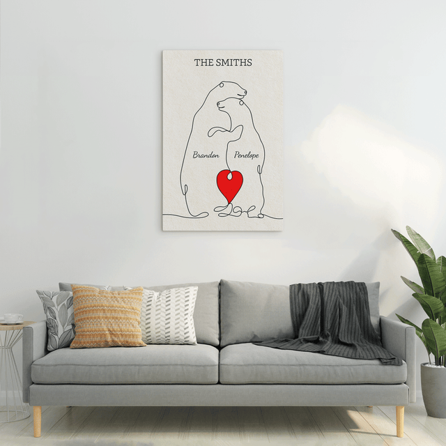 Family Bear Love Canvas, One Line Art Style with Custom Family Name