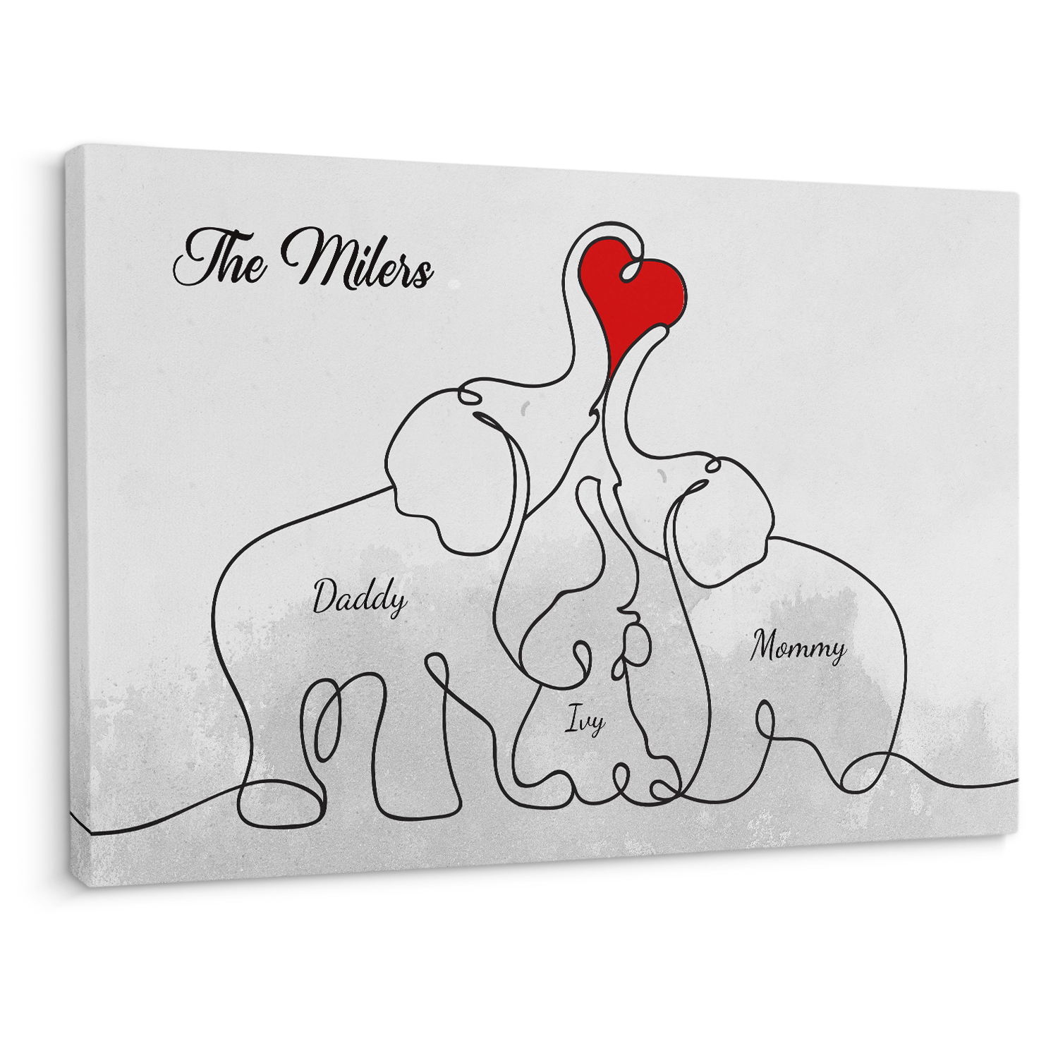 Elephant Family Love Canvas, One Line Art Style, Custom Family Name