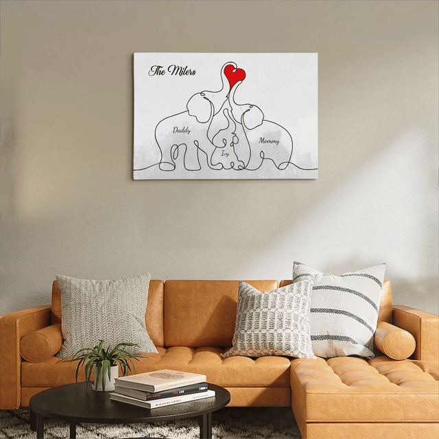 Elephant Family Love Canvas, One Line Art Style, Custom Family Name