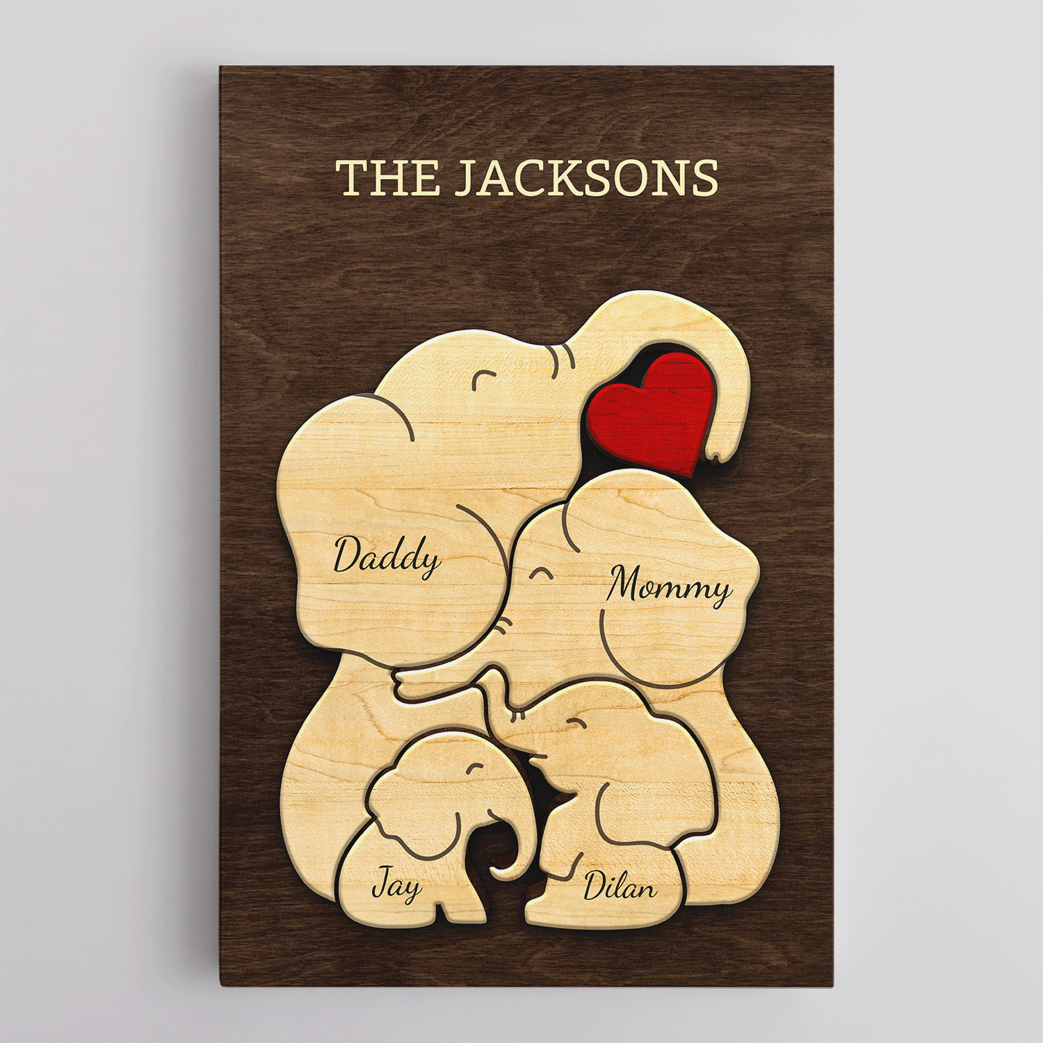 Elephant Family Puzzle Style, Personalized Family Names Wall Art Canvas