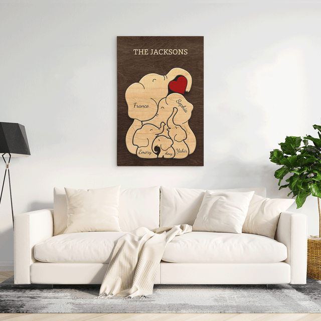 Elephant Family Puzzle Style, Personalized Family Names Wall Art Canvas