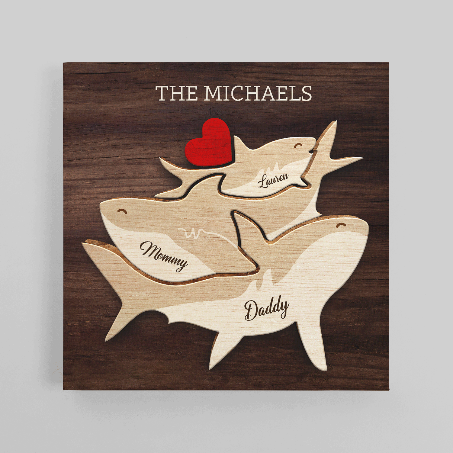 Shark Family Puzzle Canvas, Custom Family Name, Wooden Background