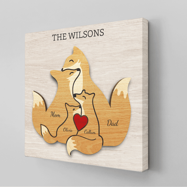 Fox Family Puzzle Style, Personalized Family Names Wall Art Canvas