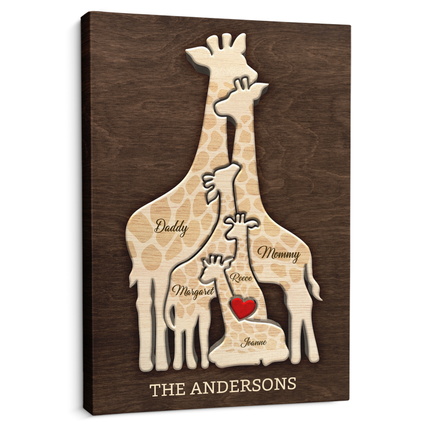 Giraffe Family Puzzle Canvas, Custom Family Name, Wooden Background