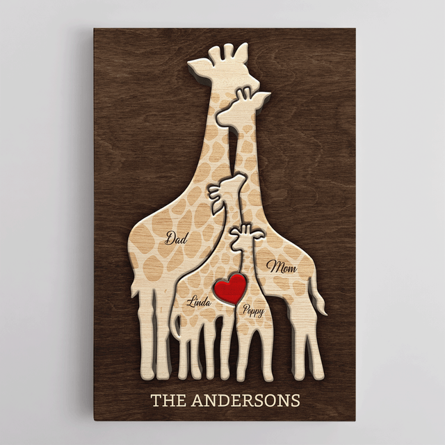 Giraffe Family Puzzle Canvas, Custom Family Name, Wooden Background