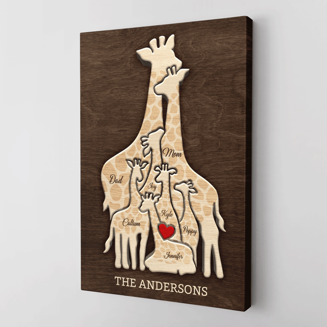 Giraffe Family Puzzle Canvas, Custom Family Name, Wooden Background